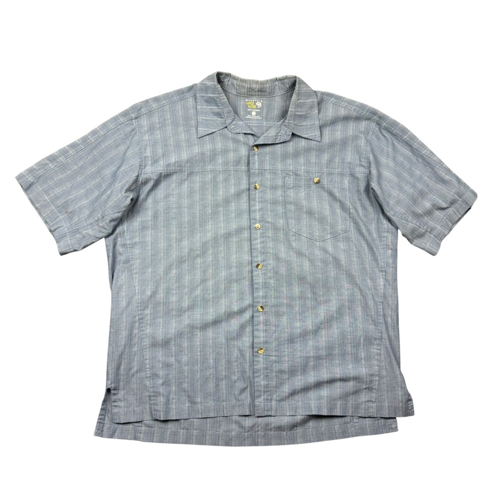 Mountain Hardwear Mens XL Blue Stripe Short Sleeve Button Up Outdoors Hiking